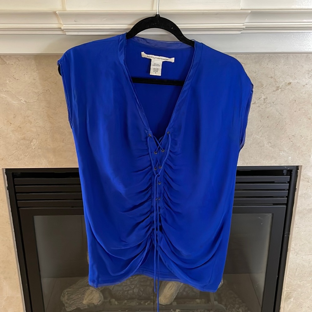 Diane von Furstenberg Blue Lace Up Silk Top